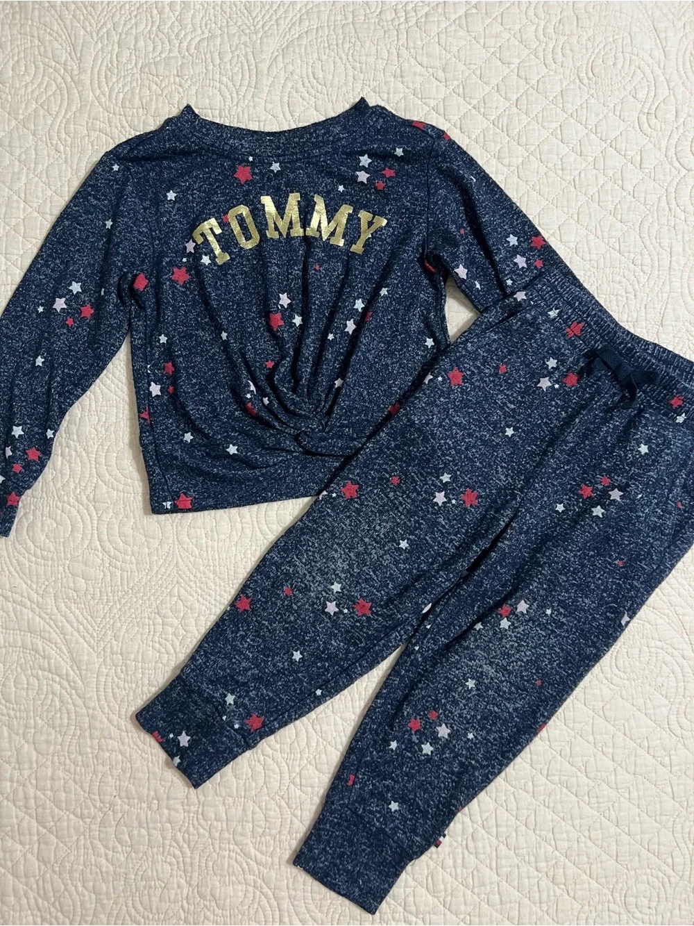 Tommy Hilfiger Navy Star Knit Pajama Set with Gold Logo